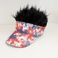 Baseball cap visor with black fake hair and red white blue tie dye American flag pattern - Adjustable / Tie Dye - Black Hair
