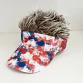 Patriotic baseball visor with flag pattern and short brown synthetic wig hair style - Adjustable / Tie Dye - Brown Hair