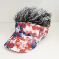 US flag style camouflage visor hat with grey synthetic wig hair for street style - Adjustable / Tie Dye - Gray Hair