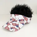 American flag print visor hat featuring spiky black hair wig for party costumes - Adjustable / American Flag - Black Hair