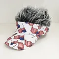 White sun visor with USA flag print and realistic grey synthetic hair wig - Adjustable / American Flag - Gray Hair