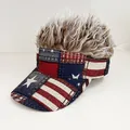USA flag print baseball cap with spiky blonde wig hair extension decoration - Adjustable / Denim American Flag - Brown Hair