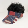 Black afro wig visor hat with American flag stars and stripes pattern design - Adjustable / Denim American Flag - Black Hair