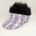 Patriotic visor hat with black hair wig and Red White & Cute American flag print - Adjustable / Letter Print - Black Hair