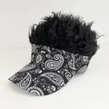 Black and white paisley visor hat with messy black synthetic hair wig for parties - Adjustable / Paisley - Black Hair