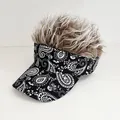 Black visor with white paisley print and brown synthetic wig hair for creative styling - Adjustable / Paisley - Brown Hair