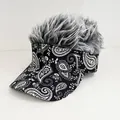 Baseball cap with grey wig hair extension in black and white paisley pattern fabric - Adjustable / Paisley - Gray Hair