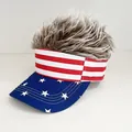 USA flag pattern visor baseball cap with spiky light brown wig hair accessory - Adjustable / Patchwork Stars - Brown Hair