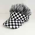 Checkered visor cap with silver-grey synthetic hair for novelty party style - Adjustable / Checkerboard - Gray Hair