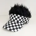 Checkerboard pattern baseball cap with attached black afro wig hair for funny parties - Adjustable / Checkerboard - Black Hair