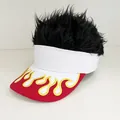 White and red baseball visor with black synthetic hair wig and flame embroidery - Adjustable / Red & White Flame - Black Hair