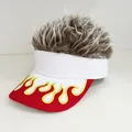 White sun visor hat with brown faux hair and red flame patterns on the wide brim - Adjustable / Red & White Flame - Brown Hair
