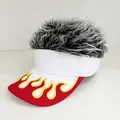 White visor hat with grey synthetic hair and red brim featuring yellow flame embroidery - Adjustable / Red & White Flame - Gray Hair