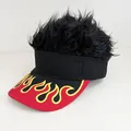 Novelty sun visor hat with black wig hair and red flame embroidery on the brim - Adjustable / Red & Black Flame - Black Hair