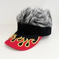 Black baseball cap with grey synthetic hair wig and red embroidered flame pattern - Adjustable / Red & Black Flame - Gray Hair