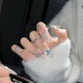 Handmade almond cat-eye fake nails with blue heart gems and silver diamond rhinestones - Extra Small (XS) / Cat Eye Heart