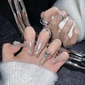 Elegant silver cat-eye press-on nails with luxury rhinestones and heart-shaped gemstone - XS