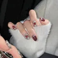 Handmade red cat eye press-on nails with silver glitter and rhinestone accents - XS / Super Short Coffin Carved Style (1241)