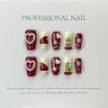 Handmade Christmas press-on nails featuring red 3D pearls, snowflakes, and festive trees - 571-Christmas Atmosphere