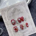 Christmas press-on nails set with red and white festive designs and 3D rhinestones - 1186-Christmas Snowflake