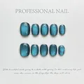 Short square peacock blue cat eye press-on nails set with shimmering metallic glitter - Deep Peacock Blue (1018)
