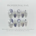 Handmade press-on nails with 3D aurora bows and camellia flowers in blue and white - Extra Small (XS) / Butterfly Camellia