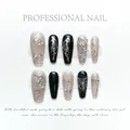 Handmade Y2K black coffin press-on nails with silver liquid butterfly and star designs - L / Liquid Butterfly Medium Coffin (32)