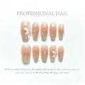 Faux ongles faits main dégradé rose nude avec fleurs 3D sculptées et paillettes dorées - Très Petit (XS) / Fleur de Glace Cercueil Moyen (1035)