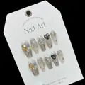Handgemaakte zwarte galaxy nagels met zilveren sterren en luxe hartvormige diamanten - Extra Klein (XS) / Sterrenstelsel