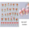 Detail of 3D embossed red rose nail stickers with gold edges and starry heart accents - 3D Relief Style (SW-A07) / Gold Rose And Heart Pattern