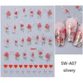 Detail view of 3D nail stickers featuring red roses, hearts, and silver metallic stars - 3D Relief Style (SW-A07) / Silver Rose And Heart Pattern