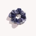 Close-up of deep blue plaid scrunchie with texture detail and Scottish tartan pattern - Deep Blue Plaid