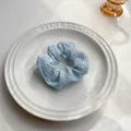 Dettaglio scrunchie in seersucker celeste con trama a nuvola su un piatto di ceramica bianca - Blu