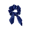 Detailed view of dark blue satin scrunchie with long bow ribbons and silky texture - Navy Blue
