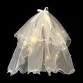 White double-layer bridal veil with warm LED lights, pearls, and silk bow accent - Double Layer Pearl With LED Light