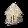 Detail of white double-layer tulle veil with warm LED lights and satin bow clip - Double Layer Plain With LED Light
