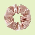 Pink satin silk scrunchie with soft pleats on a light green background hair accessory - Soft Pink