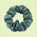 Dark green satin fabric scrunchie with silk-like gloss and elastic pleated texture - Dark Green