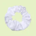 Elegant white satin hair scrunchie with oversized ruffles and glossy silk texture - White