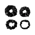 Detailed set of four black satin silk scrunchies in various sizes on white background - Black Mixed Size Set