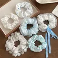 Set di 6 elastici per capelli floreali e a scacchi in pizzo di cotone blu e bianco - Blu Lago Tranquillo