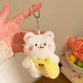 Detail of cute white plush bear keychain with yellow crochet bag and metal ring - Bear with Yellow Small Bag (Style Two) / White