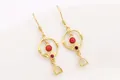 Vintage S925 silver gold-plated drop earrings with red beads and leaf details - Red Clip