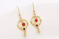 Bamboo style S925 silver gold finish earring hooks with red beads and leaf details - Red Empty Tray