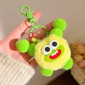 Detail of yellow fuzzy monster keychain with large eyes, red lips and green lobster clasp - Yellow
