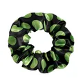 Detailed view of black satin scrunchie with green tennis ball print pattern - Black Tennis Ball