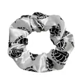 Detailed view of white satin volleyball scrunchie with Bump Set Spike print pattern - White Volleyball