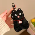 Detail of cute black plush cat keychain with red collar and black metal lobster clasp - Necklace Style
