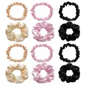 12-piece satin scrunchies set in champagne, pink, and black colors for ponytails - 12pcs Set / Color Block