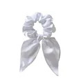 Detail of elegant white satin scrunchie with long bow streamers and glossy silk texture - White